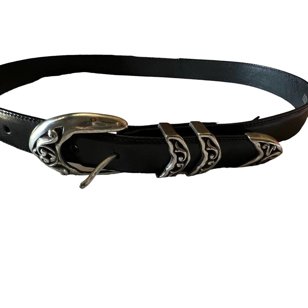 Brighton Women's Black Leather Belt L 20203 Silver Tone Buckle Scrolls Pattern